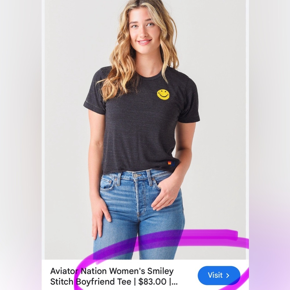 AVIATOR NATION Women's Smiley Stitch Boyfriend Tee | Color: Charcoal | EUC!!😃🌈 - Picture 5 of 16